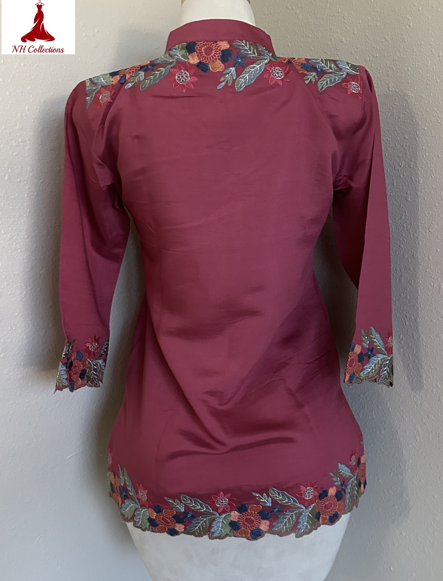 Women's rose red blouse with embroidery in L