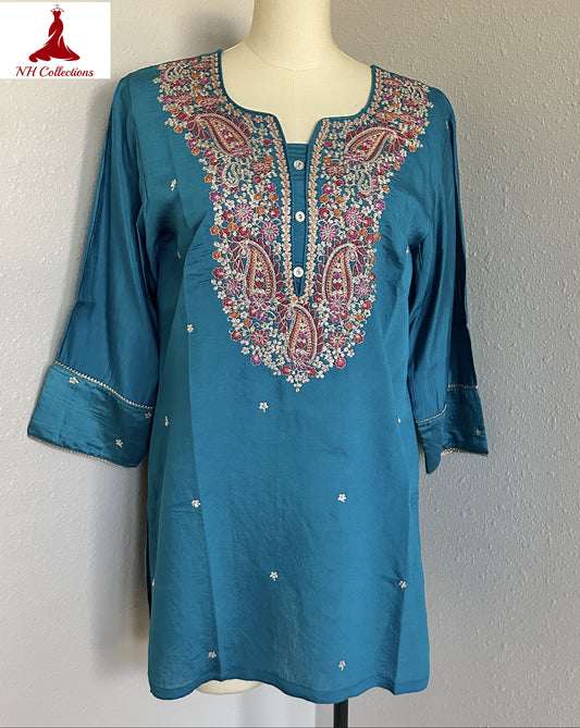 Teal blue silk kurta