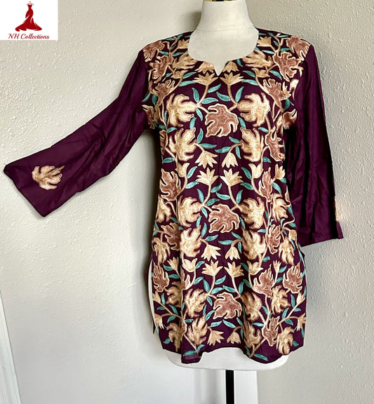 wine color Kashmiri aari kurta