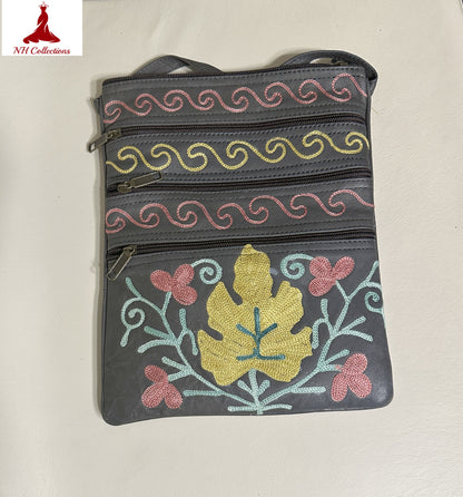 Women's grey kashmiri aari work leather purse