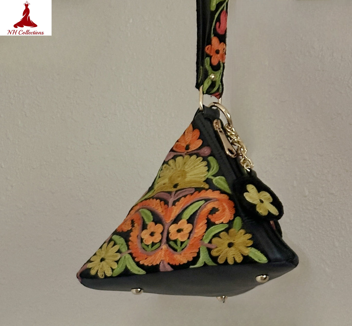 Women's triangle shaped leather purses with Kashmiri aari work