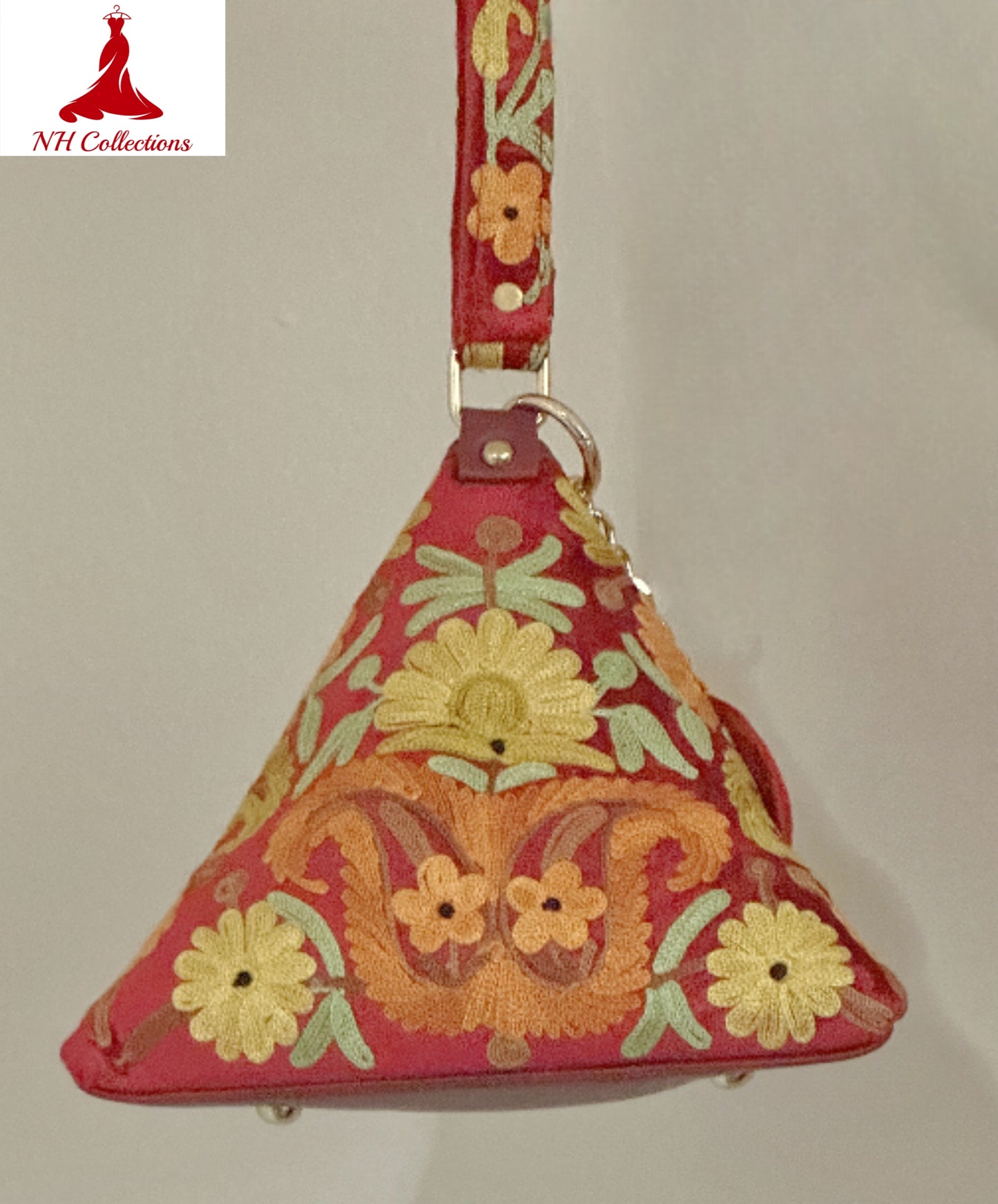 Women's triangle shaped leather purses with Kashmiri aari work