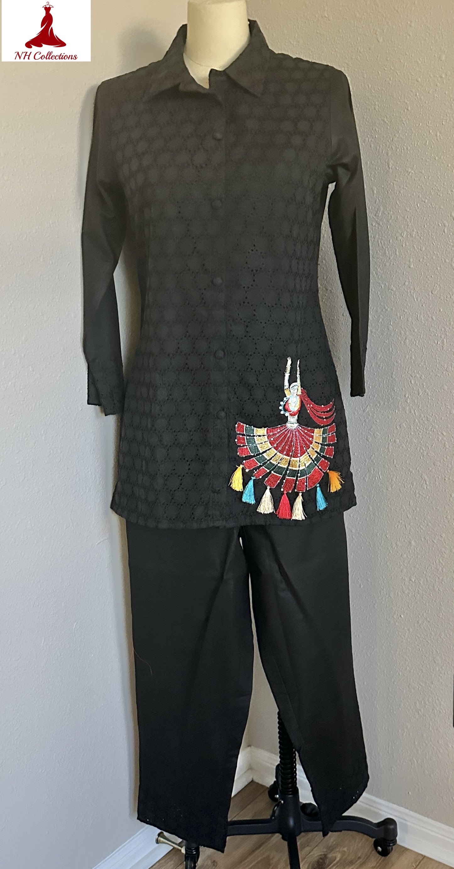 Women's black hakooba co-ord set with colorful doll embroidery in M