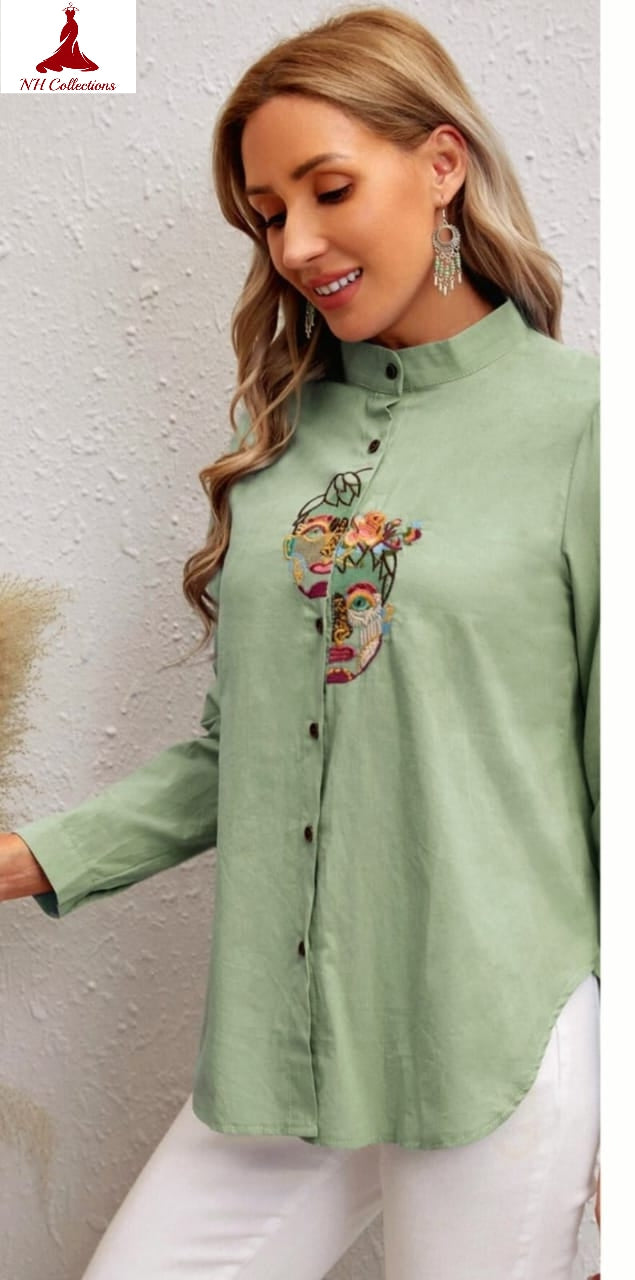 Women' short rayon blouse with face embroidery in XS and 2XL