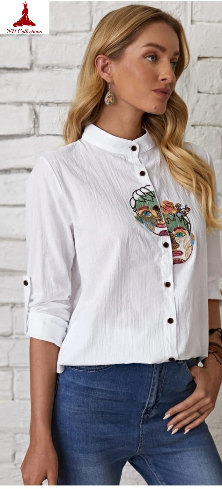 Women' short rayon blouse with face embroidery in XS and 2XL