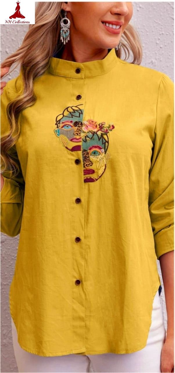 Women' short rayon blouse with face embroidery in XS and 2XL