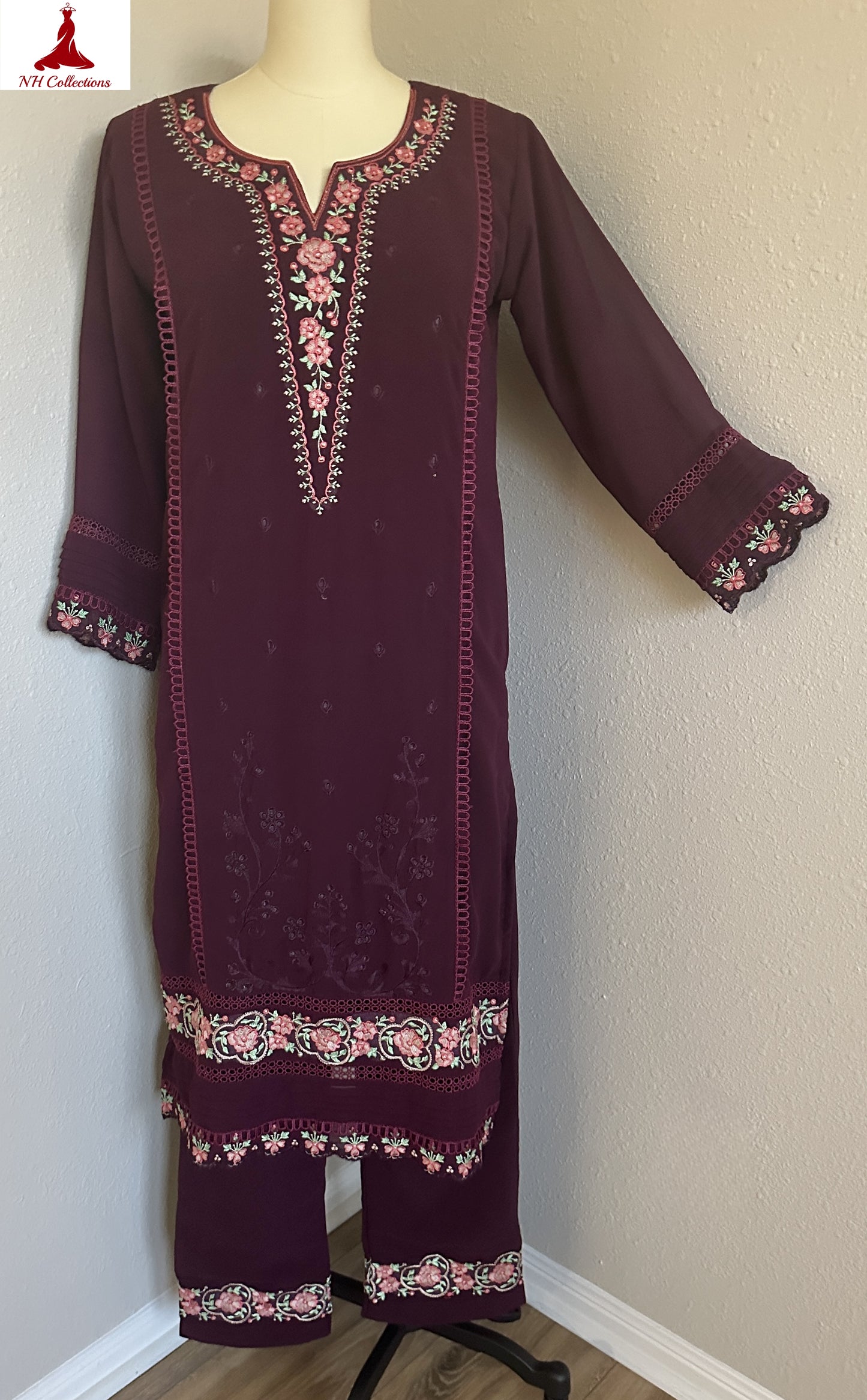 Women's wine georgette kurta set in L