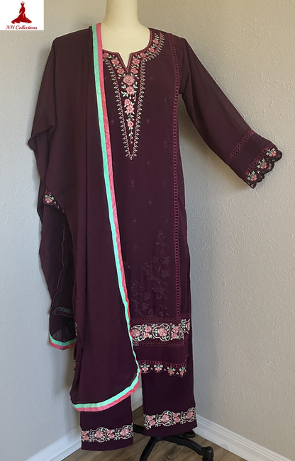 Women's wine georgette kurta set in L